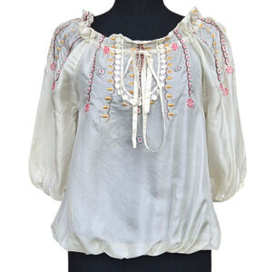 Vintage 100% Silk Embroidered Peasant Top Size Small